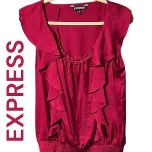 NWOT EXPRESS Ruby Red short sleeve Blouse, Medium w/ Ruffles